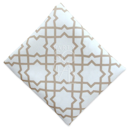 NAPKIN - ARABESQUE POLYCOTTON features a white and tan pattern, ideal for enhancing Ramadan Iftar settings or any special occasion table decor.