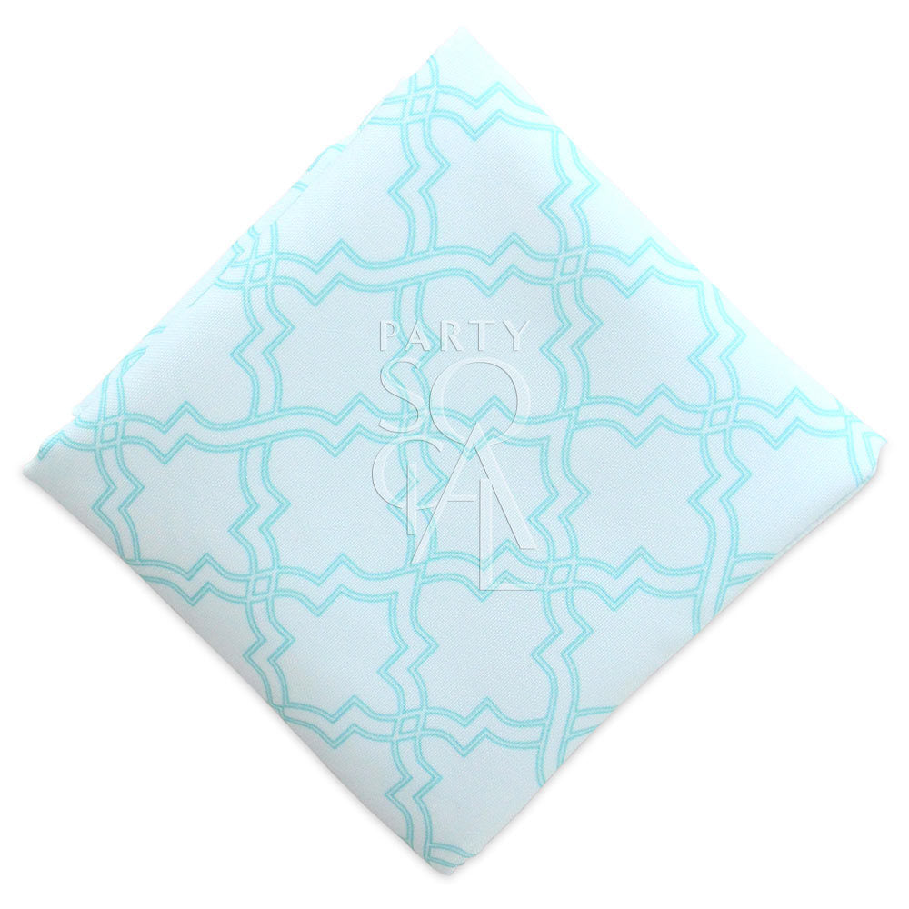 NAPKIN - ARABESQUE POLYCOTTON, featuring a white and blue pattern, ideal for enhancing Ramadan Iftar table settings, measuring 45cm by 45cm.