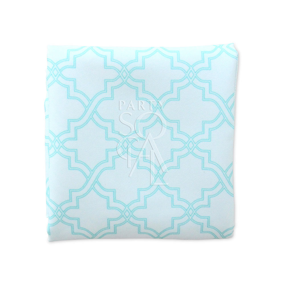 Arabesque polycotton napkin with a blue and white pattern, ideal for Ramadan Iftar table settings. Dimensions: 45cm x 45cm.