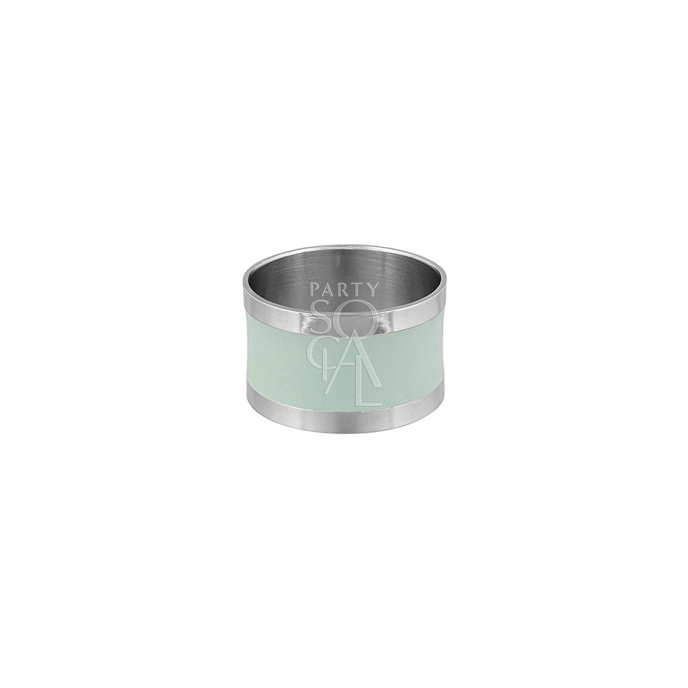 NAPKIN RING - SILVER &amp; AQUA ROUND, a sleek, round napkin ring designed for versatile tablescapes, ideal for enhancing party and event table settings.