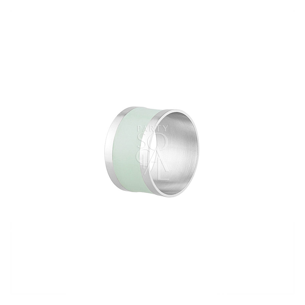 NAPKIN RING - SILVER &amp; AQUA ROUND: A simple, elegant napkin ring with a teal band, perfect for enhancing any tablescape at parties or special occasions.