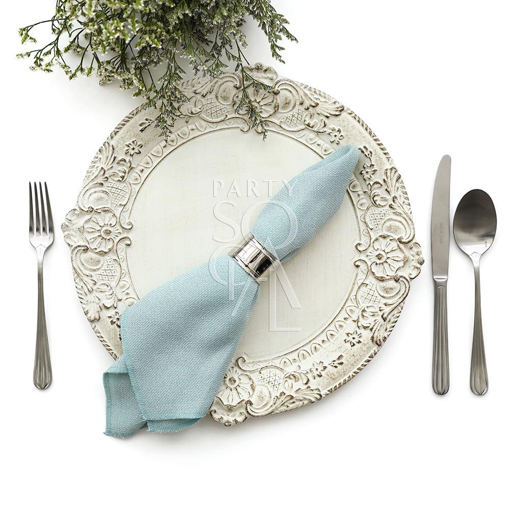 NAPKIN RING - SIMPLE ROUND displayed on a white plate with a blue napkin and silverware, ideal for enhancing any event tablescape.