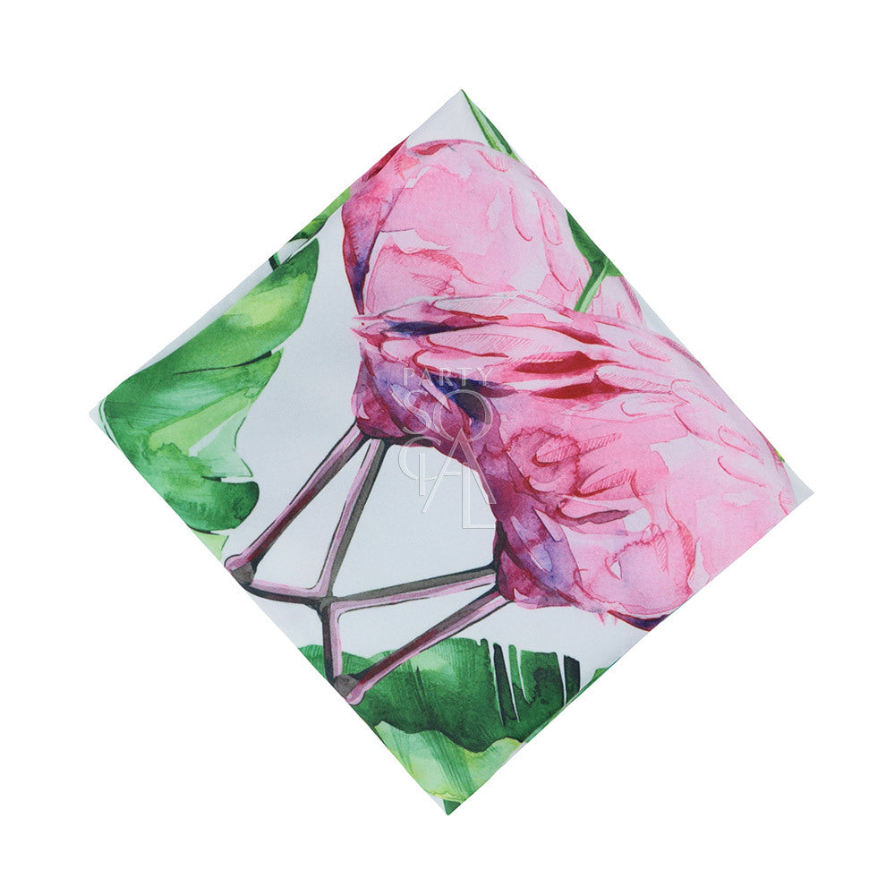 NAPKIN - FLAMINGO SATIN: Illustrated pink floral design on premium satin napkin, ideal for enhancing table settings at events and special occasions.