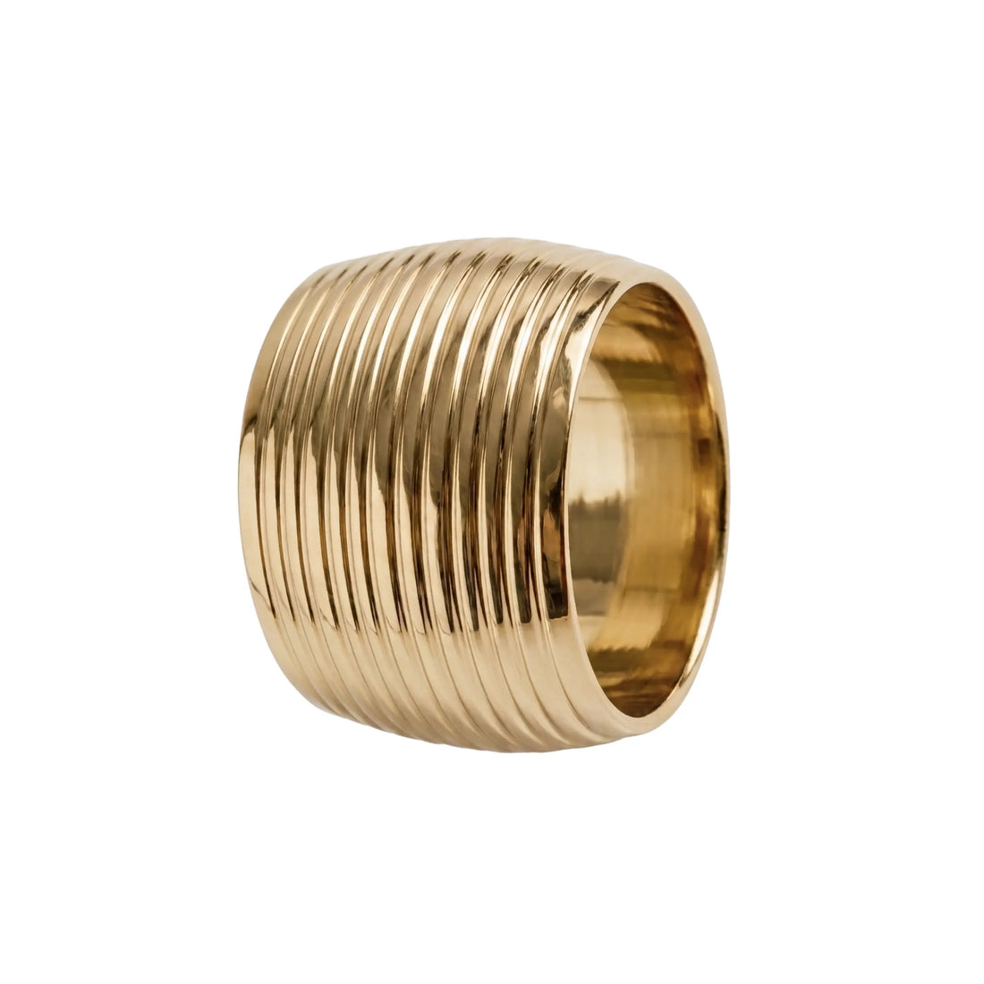 Gold Hammered Lined Napkin Ring: a polished, cylindrical napkin ring with external helical ridges, offering a luxurious, modern touch for events and gatherings.