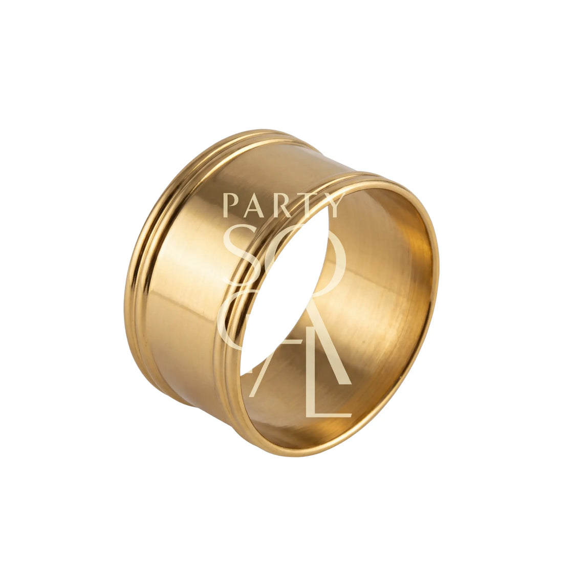 NAPKIN RING- SIMPLE GOLD LINED: A sleek gold-tone metal napkin ring, perfect for enhancing any tablescape at weddings or special occasions.