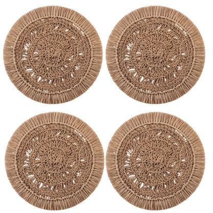 Natural Raffia Fringe Round Placemat set, showcasing four round woven mats with crochet-style center and fringed edges, ideal for chic, eco-friendly table settings.