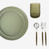 Natural Sage Tabletop Package featuring stacked sage ceramic plates, hobnail glass, and wooden-handled cutlery, designed for elegant dining experiences from Party Social.