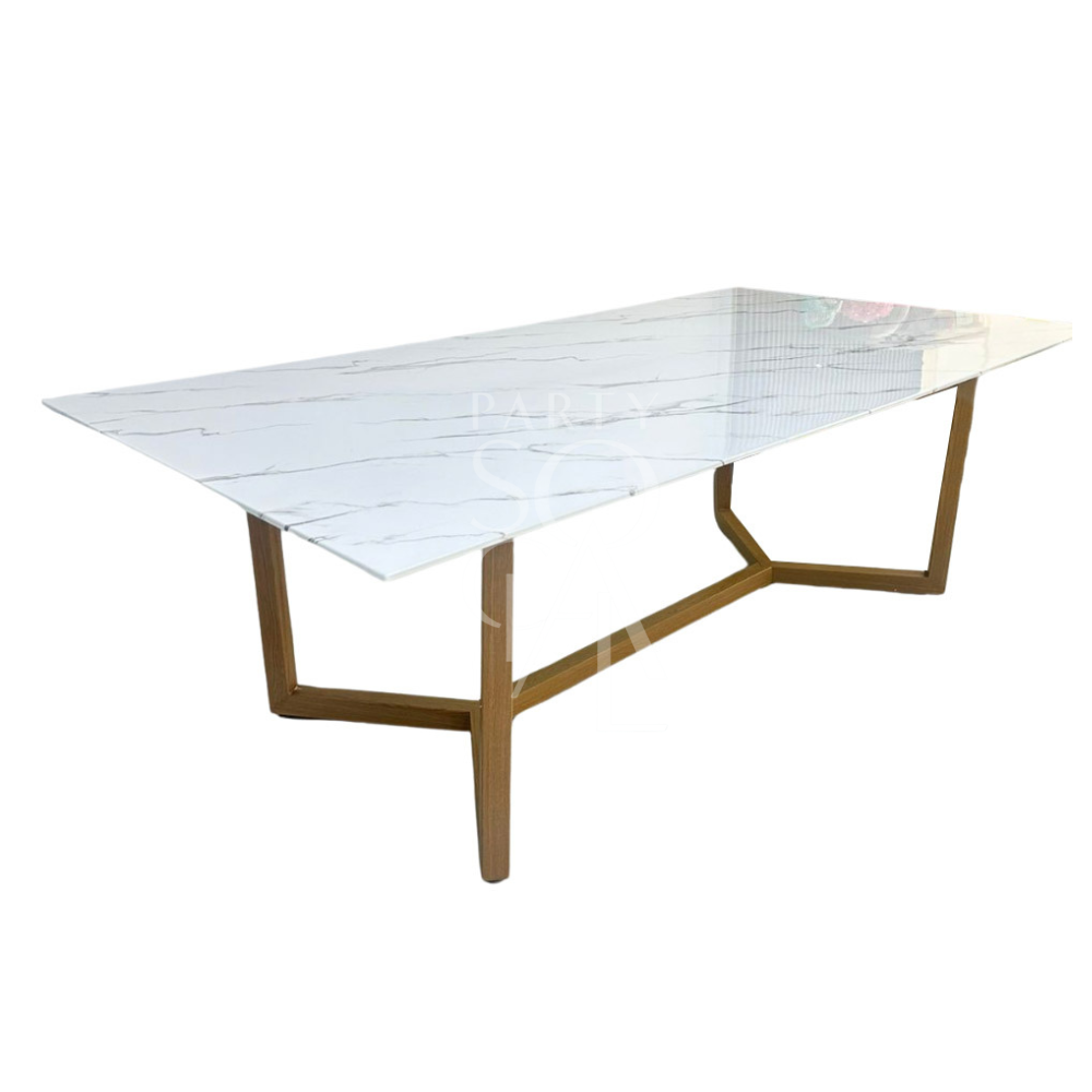 NATURAL BASE WITH WHITE MARBLE TOP—A sleek marble table with wooden legs, ideal for enhancing corporate events or home functions.