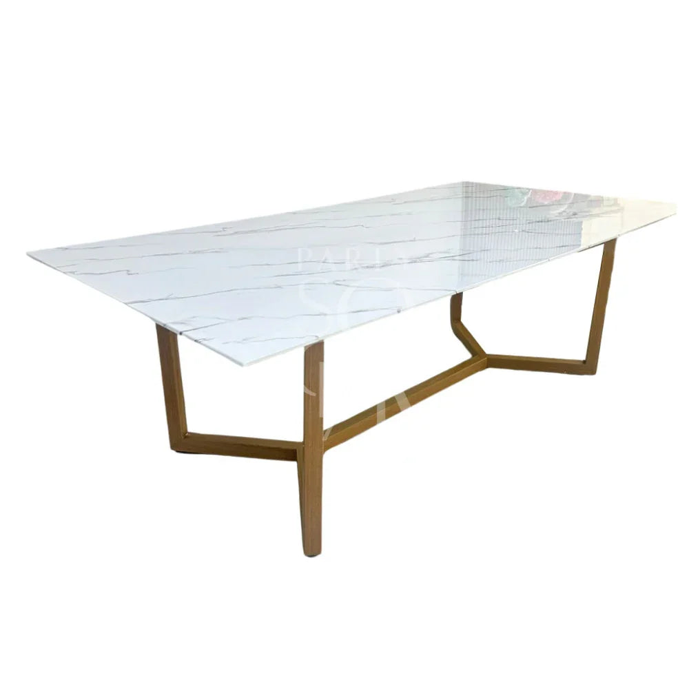 NATURAL BASE WITH WHITE MARBLE TOP—A sleek marble table with wooden legs, ideal for enhancing corporate events or home functions.