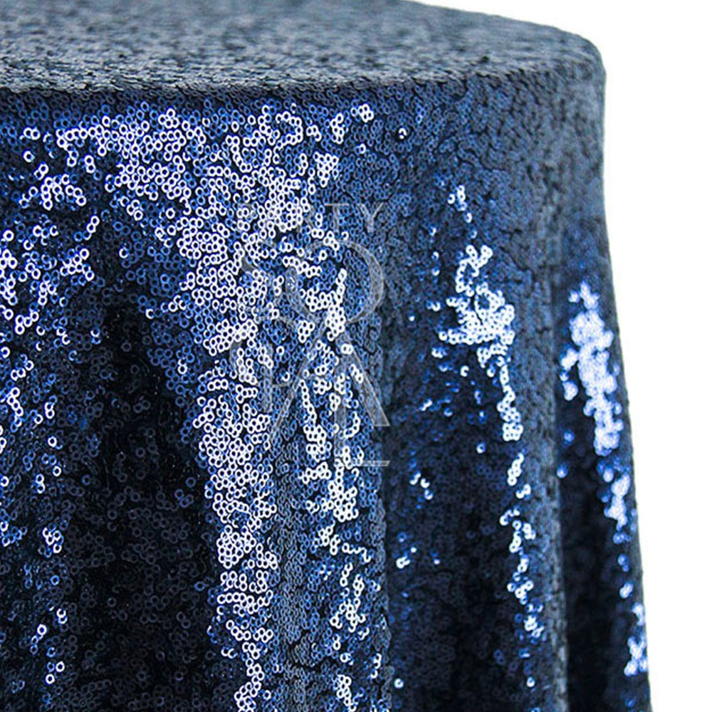 ROUND TABLECLOTH SEQUIN: A blue sequined tablecloth, ideal for enhancing party or event settings, measuring 335cm in diameter.