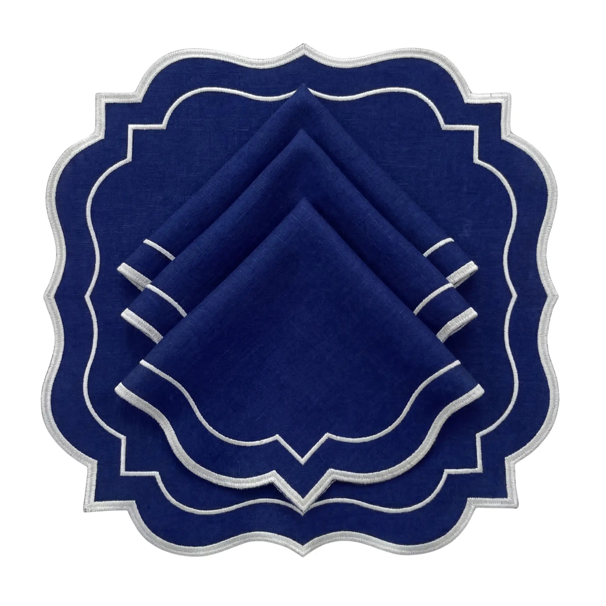 Navy Scalloped Linen Napkins - Set of 4, featuring dark-blue linen with scallop edges and white trim, ideal for elegant dining and special events.