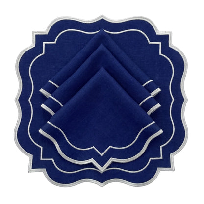 Navy Scalloped Linen Napkins - Set of 4, featuring dark-blue linen with scallop edges and white trim, ideal for elegant dining and special events.