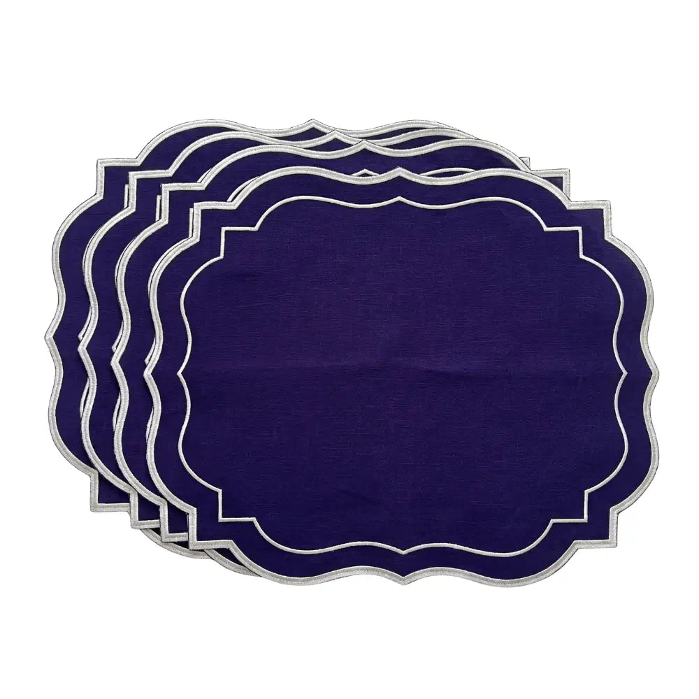 Navy Scalloped Linen Placemats - Set of 4, featuring deep navy linen with a silver scalloped edge, perfect for elegant table settings.