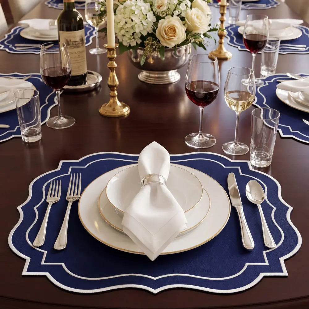 Navy Scalloped Linen Placemats - Set of 4, featuring deep navy linen with elegant scalloped edges and white embroidery, ideal for sophisticated table settings.