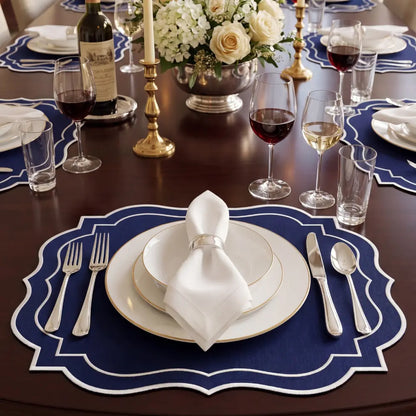 Navy Scalloped Linen Placemats - Set of 4, featuring deep navy linen with elegant scalloped edges and white embroidery, ideal for sophisticated table settings.