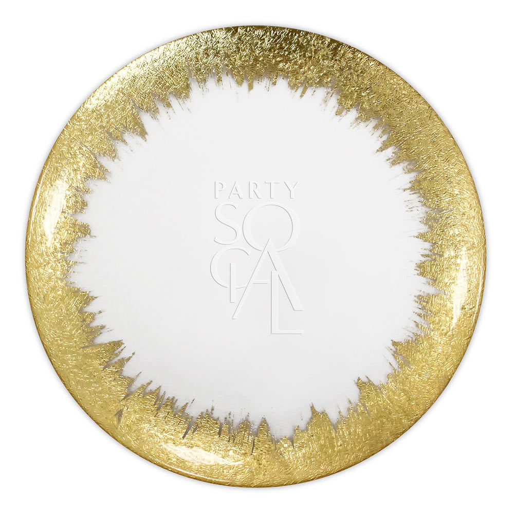 Charger Plate - Gold Skyline: An elegant glass charger plate with a gold skyline design on the rim, perfect for enhancing any table setting.