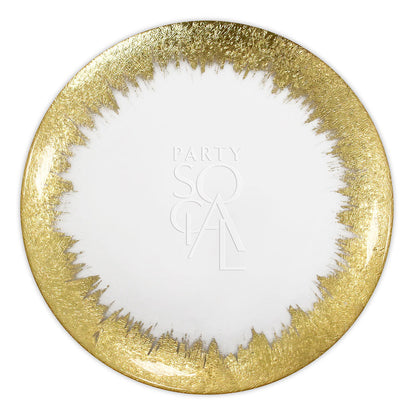 Charger Plate - Gold Skyline: An elegant glass charger plate with a gold skyline design on the rim, perfect for enhancing any table setting.