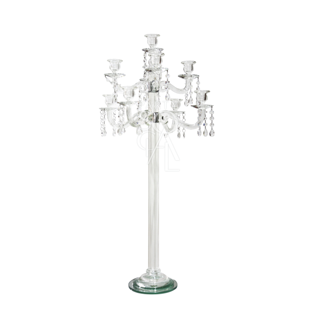 CANDELABRA GEMCUT CRYSTAL GLASS: Elegant glass candelabra adorned with crystals, perfect for enhancing tablescapes at weddings or special occasions. Candles sold separately.