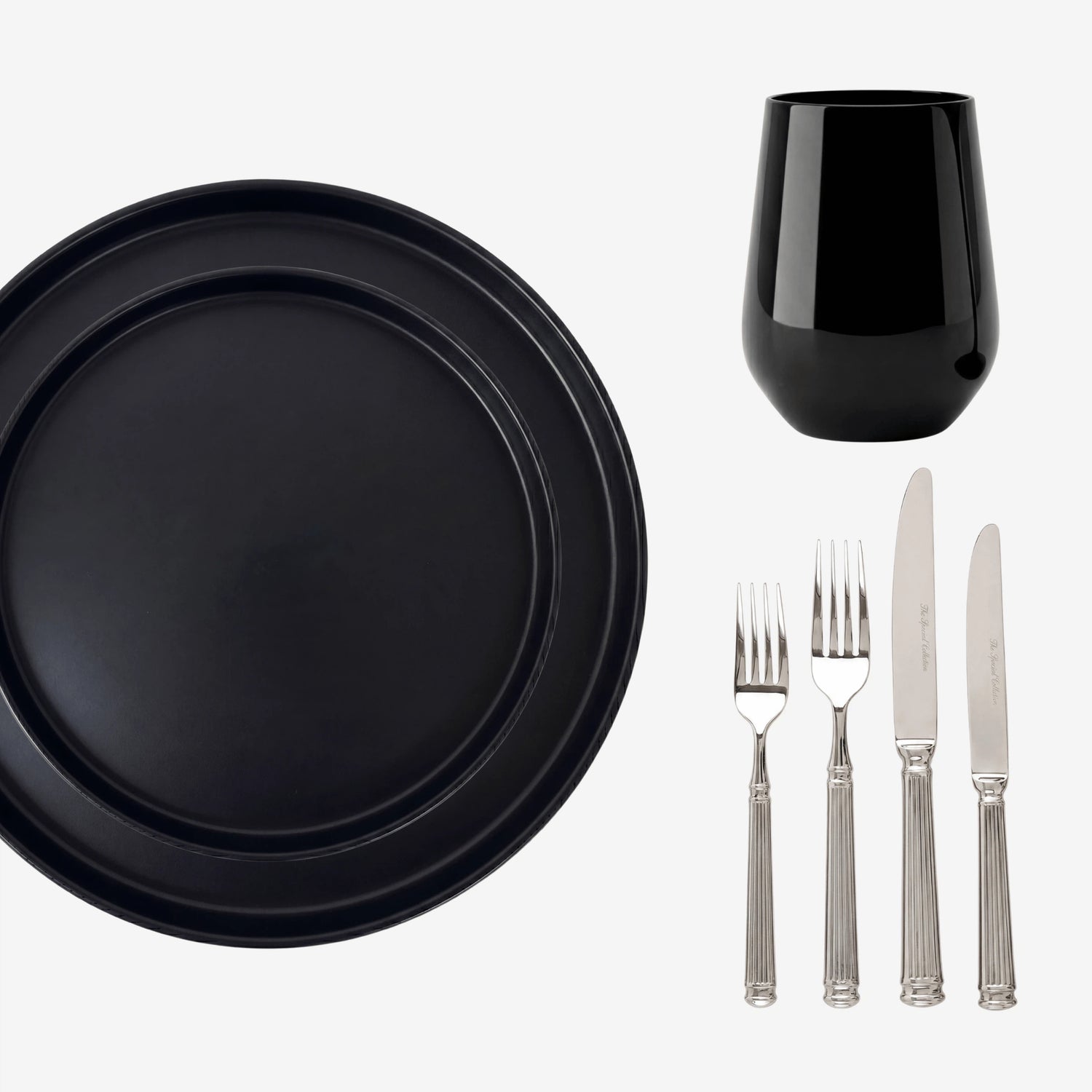 Noir Tabletop Package: Matte-black ceramic plates with a stemless tumbler and sleek silver-tone flatware, designed for elegant dining experiences.
