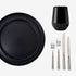 Noir Tabletop Package: Matte-black ceramic plates with a stemless tumbler and sleek silver-tone flatware, designed for elegant dining experiences.