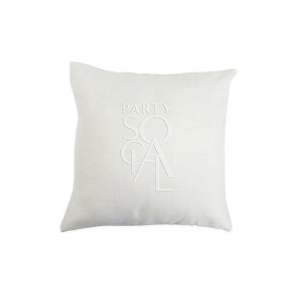 CUSHION COVER LINEN WEAVE: Stylish white pillow with logo, made from premium linen weave fabric, ideal for enhancing event decor. Available in multiple sizes.