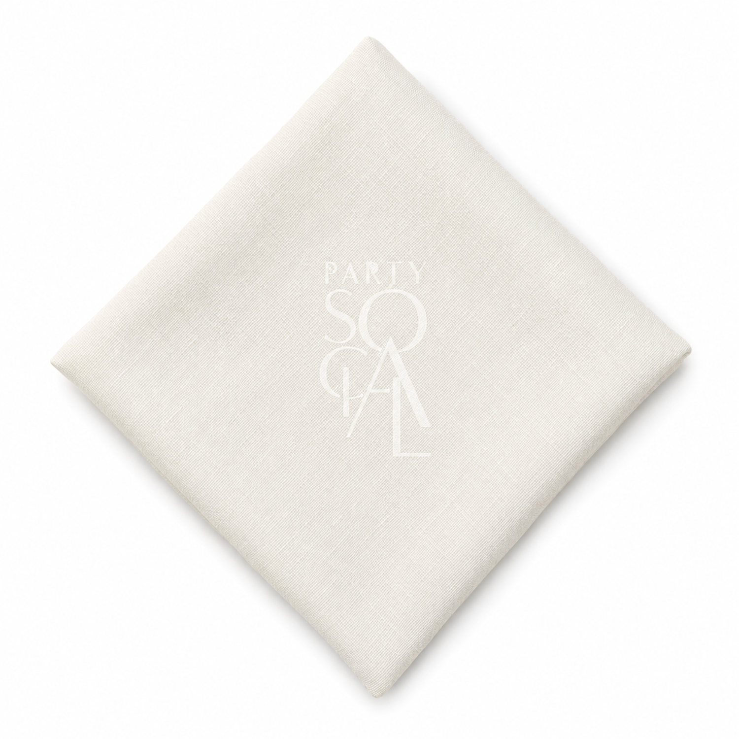 A square off white linen napkin displayed diagonally on a clean white background.
