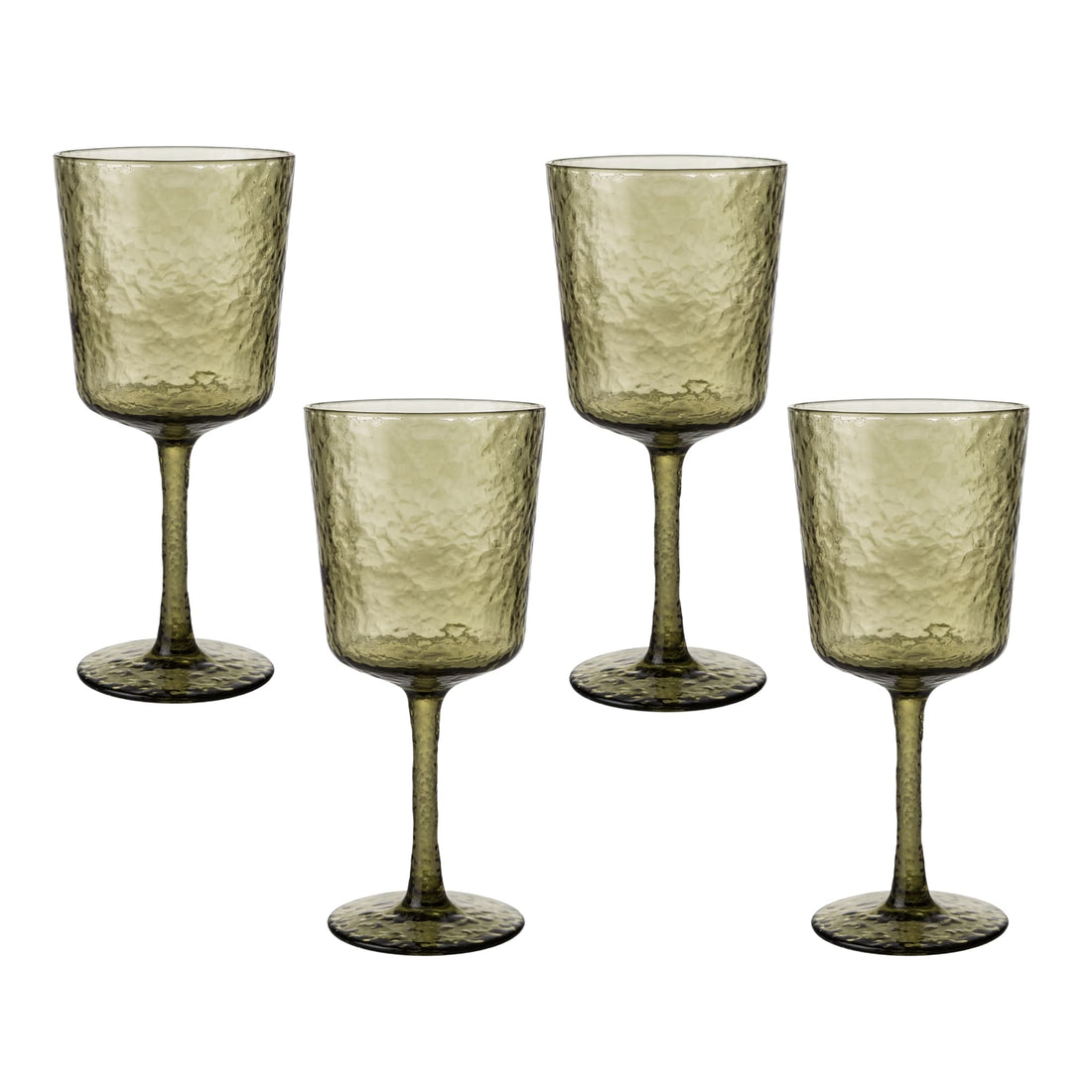 Olive Frost Acrylic Wine Glass - Set of 4, featuring olive-green, hammered-texture, lightweight, shatter-resistant goblets with slender stems, ideal for stylish outdoor and indoor entertaining.