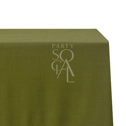 Rectangular cotton linen tablecloth featuring a green hue with a logo, ideal for enhancing any special event or occasion.