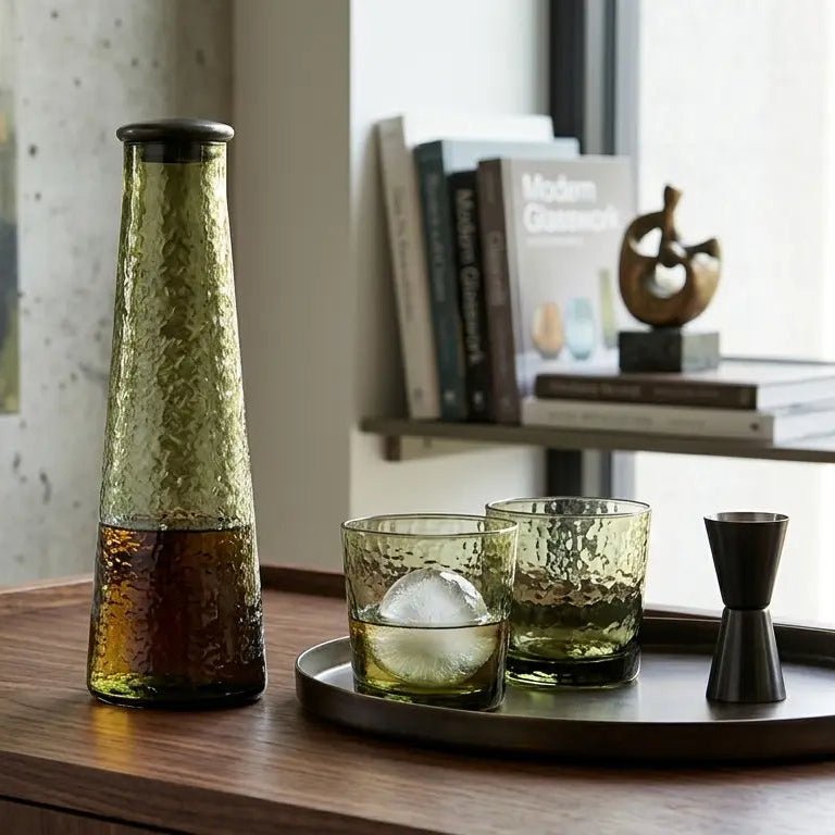 Decorative items on a wooden surface with a blurred background