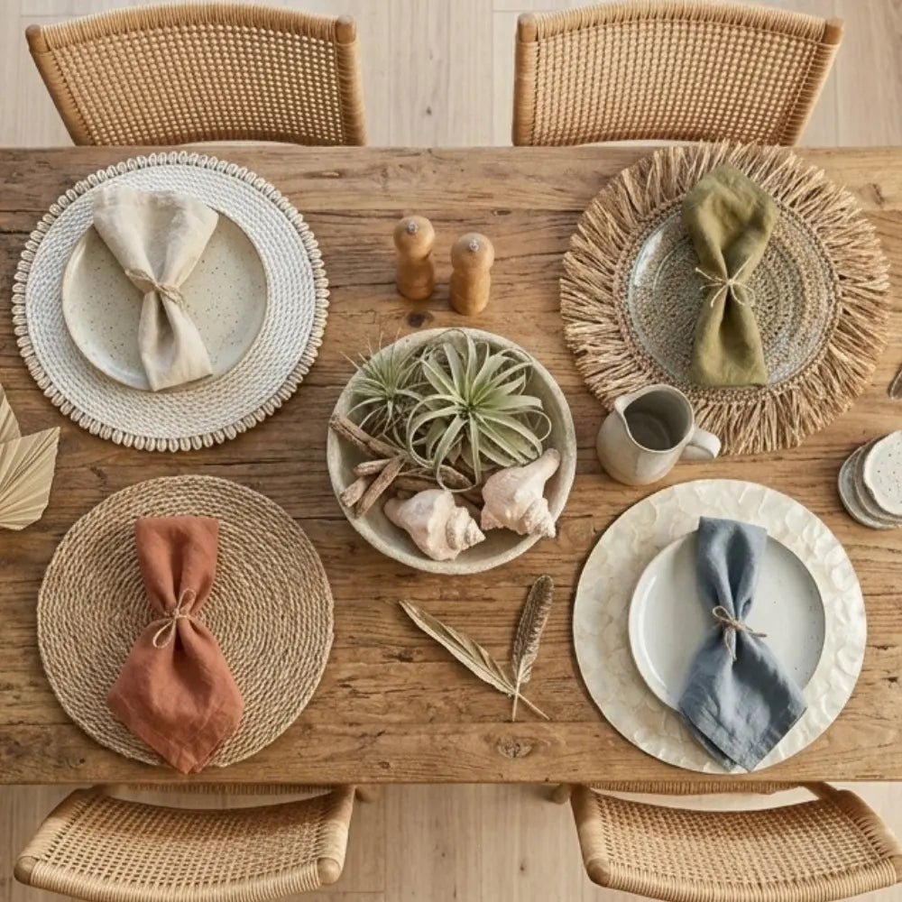 Wooden table set with natural round placemats, ceramic plates, napkins, and decorative items.