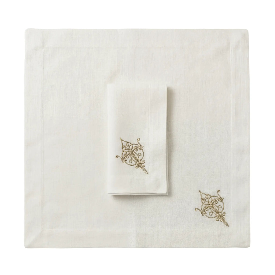 Oriental Pure Linen Dinner Napkin - Set of 2 features ivory linens with gold oriental embroidery, ideal for elegant dining and special occasions.