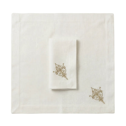 Oriental Pure Linen Dinner Napkin - Set of 2 features ivory linens with gold oriental embroidery, ideal for elegant dining and special occasions.