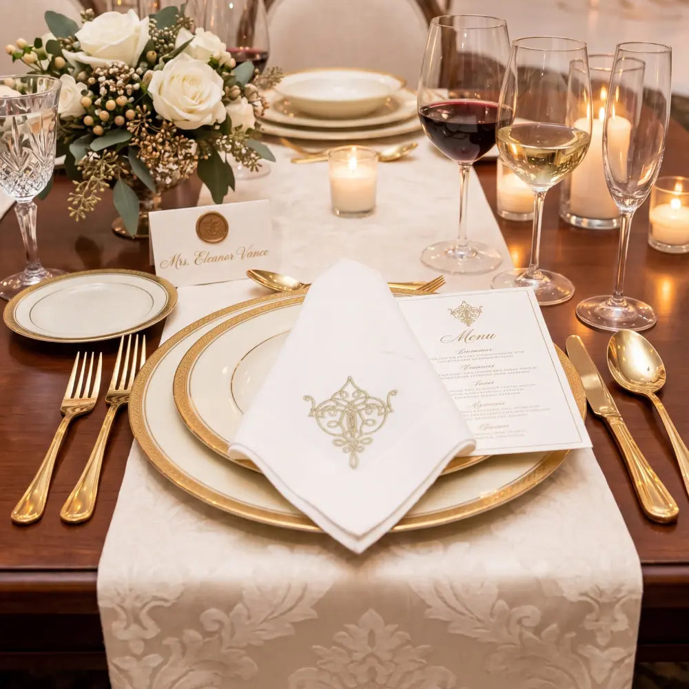 Oriental Pure Linen Dinner Napkin - Set of 4, featuring delicate gold-thread embroidery on white linen, ideal for elegant dining and special occasions.