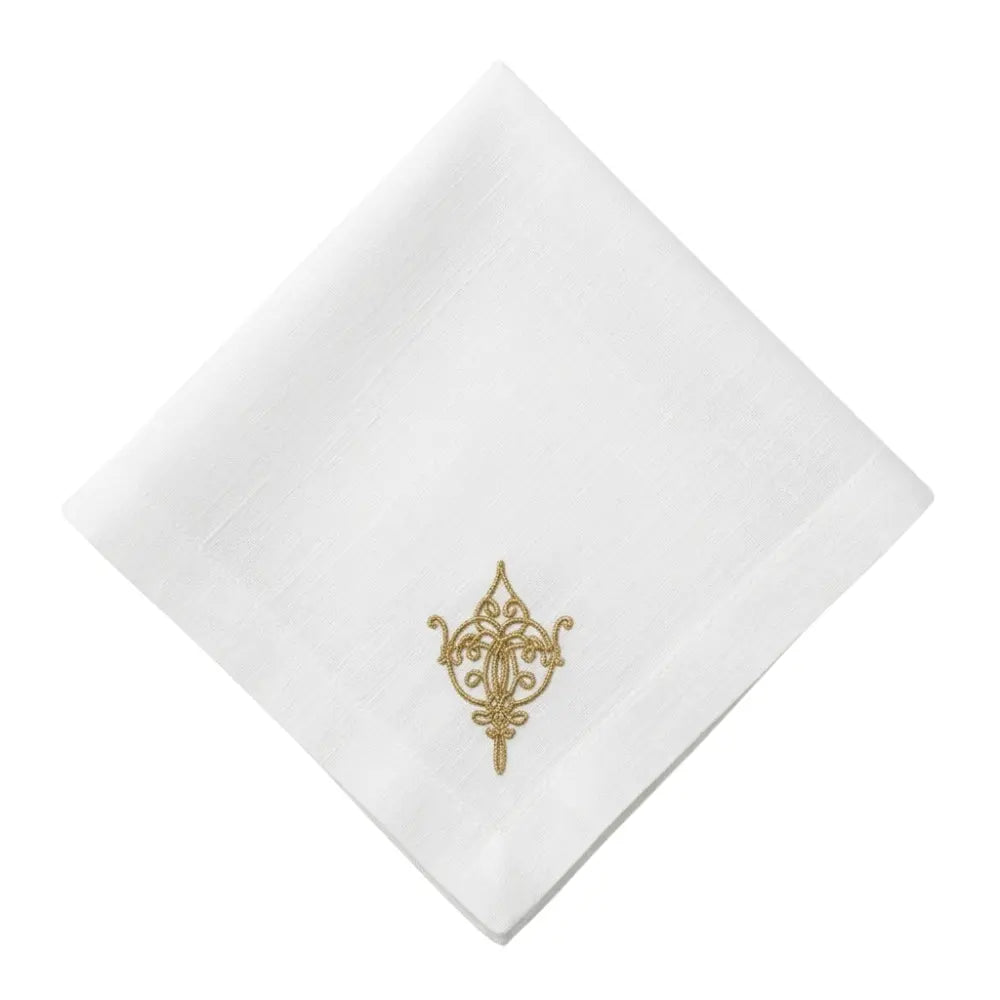 Oriental Pure Linen Dinner Napkin - Set of 4, featuring a diagonal fold with gold oriental-inspired embroidery, perfect for elegant dining and event settings.