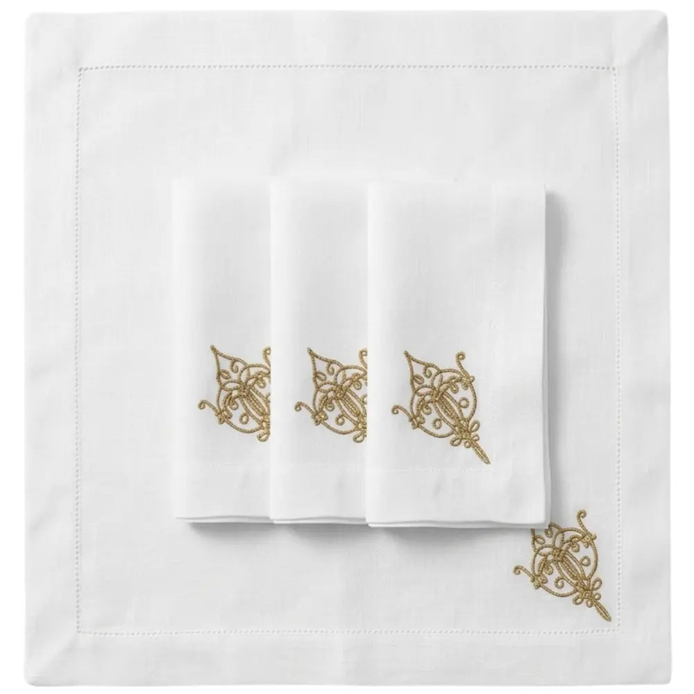 Oriental Pure Linen Dinner Napkin - Set of 4, featuring delicate gold-thread embroidery on white linen, ideal for elegant dining and special occasions.