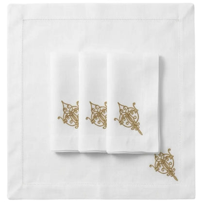 Oriental Pure Linen Dinner Napkin - Set of 4, featuring delicate gold-thread embroidery on white linen, ideal for elegant dining and special occasions.