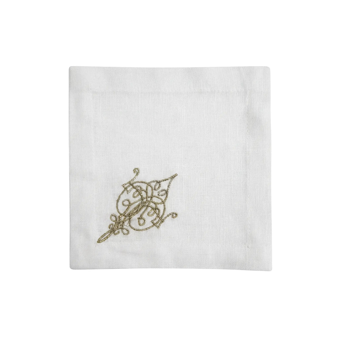 Ornament Pure Linen Coaster - 4 per pack, a white placemat with gold embroidery, perfect for elegant table setups.