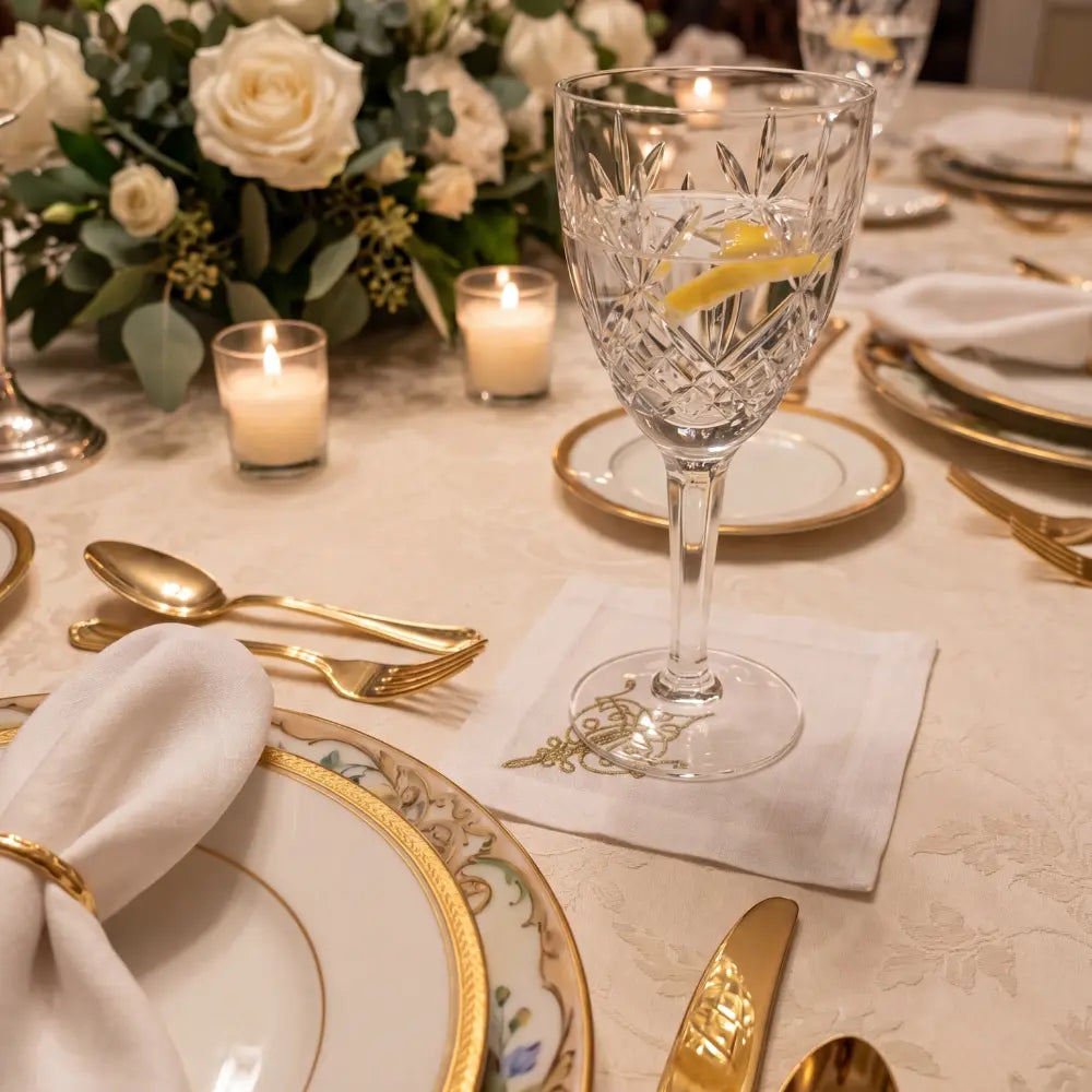 Ornament Pure Linen Coaster - 4 per pack, a white placemat with gold embroidery, perfect for elegant table setups.