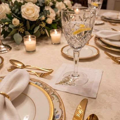 Ornament Pure Linen Coaster - 4 per pack, a white placemat with gold embroidery, perfect for elegant table setups.