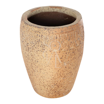 OUTDOOR POT: Brown and white ceramic earthenware vase, ideal for enhancing outdoor event decor with its stylish, earthy design.