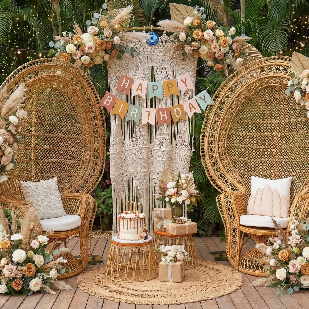 Peacock Chair amidst boho birthday setup with macramé backdrop, wicker stools with cake and gifts, and lush floral decor, epitomizing elegant event styling.
