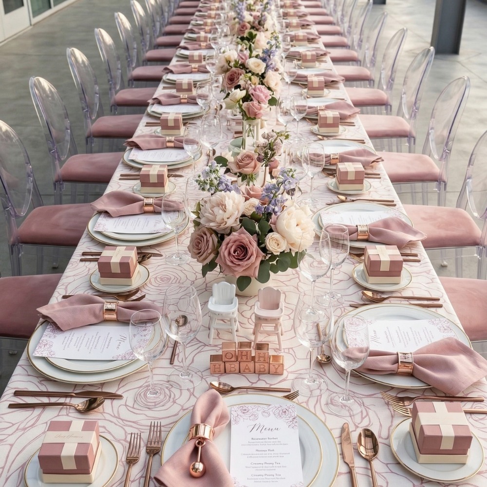 PINK FLORAL RECTANGULAR TABLECLOTH elegantly drapes a banquet table, adorned with rose outlines, enhancing a pastel-pink baby shower setup with matching decor.