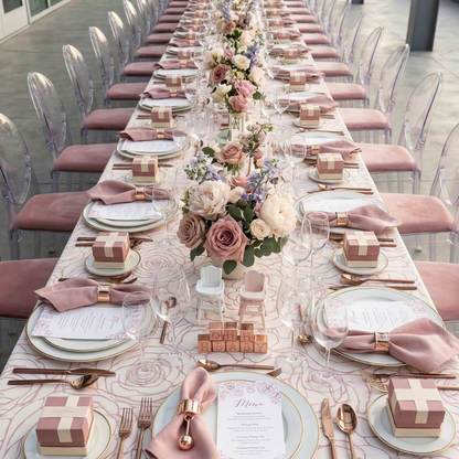 PINK FLORAL RECTANGULAR TABLECLOTH elegantly drapes a banquet table, adorned with rose outlines, enhancing a pastel-pink baby shower setup with matching decor.