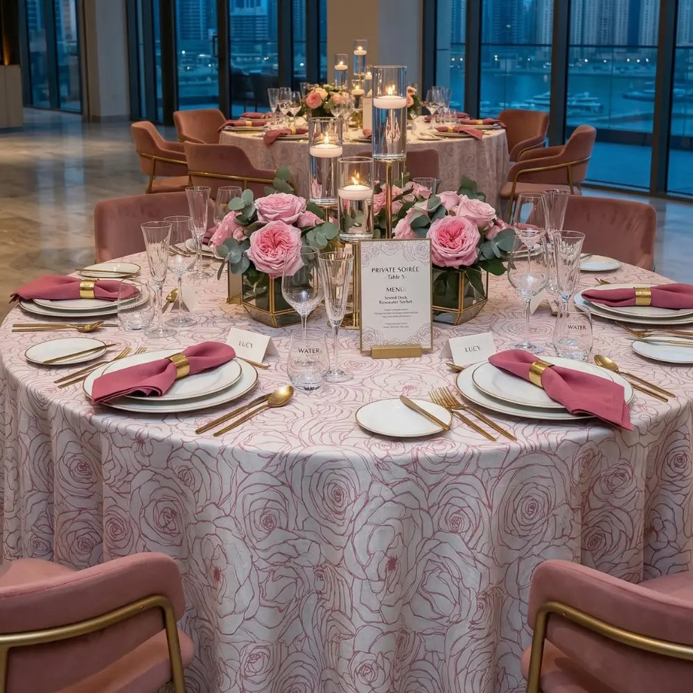 PINK FLORAL ROUND TABLECLOTH elegantly drapes a banquet table, paired with pink roses and eucalyptus centerpieces, gold flatware, and crystal glassware, perfect for upscale events.