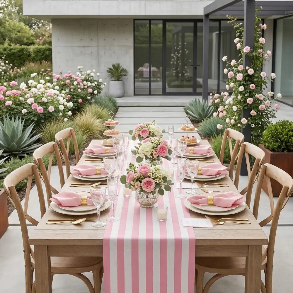 Outdoor dining scene featuring the PINK STRIPES TABLE RUNNER on a light-wood table, elegantly set with gold accents and floral arrangements, perfect for chic events.