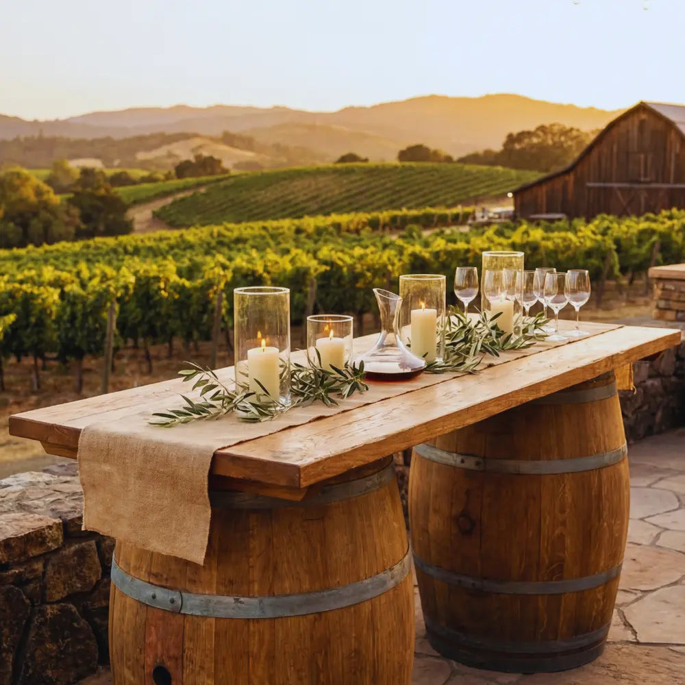 Plank for Rustic Wine Barrels set as a table on two barrels, adorned with lanterns and wine accessories, amidst vineyard backdrop at golden hour.