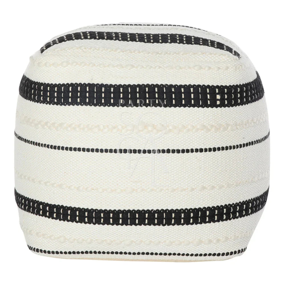 FABRIC &amp; JUTE POUFS: A versatile, lightweight pouf with white and black stripes, ideal for use as seating, a small table, or decorative piece.