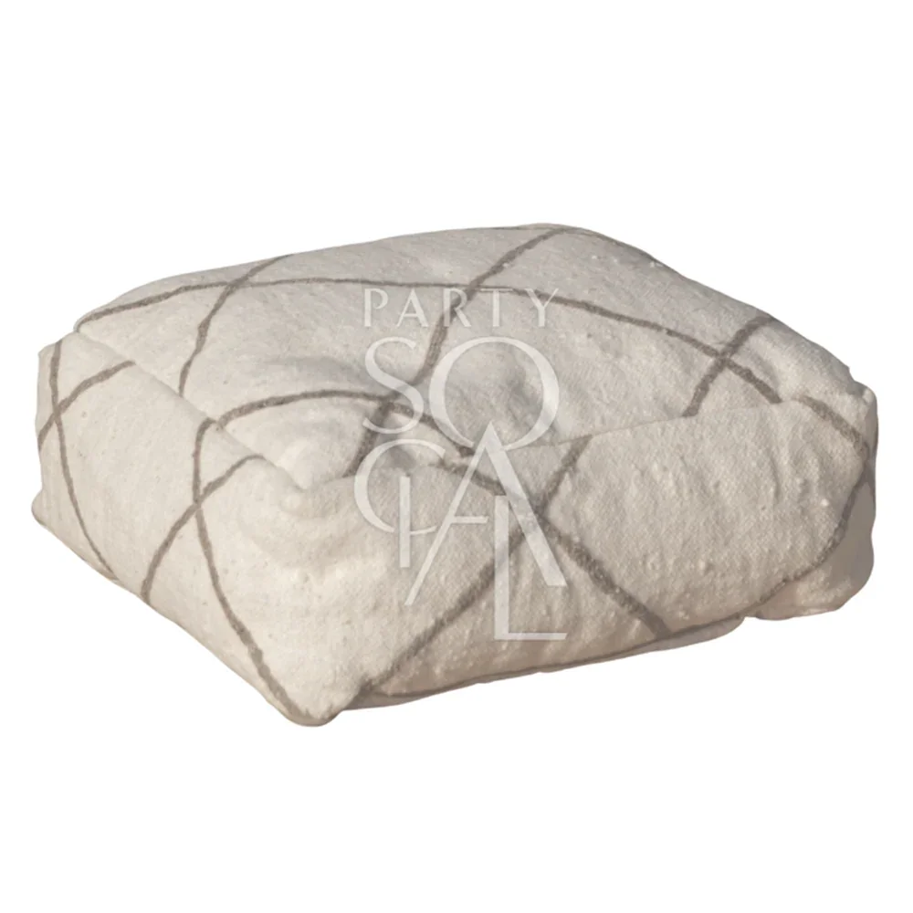FABRIC &amp; JUTE POUFS: A white square pillow with a checkered pattern, suitable for use as a pouf, small table, or decorative element.