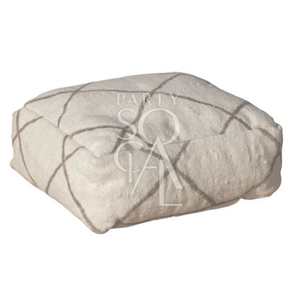 FABRIC &amp; JUTE POUFS: A white square pillow with a checkered pattern, suitable for use as a pouf, small table, or decorative element.