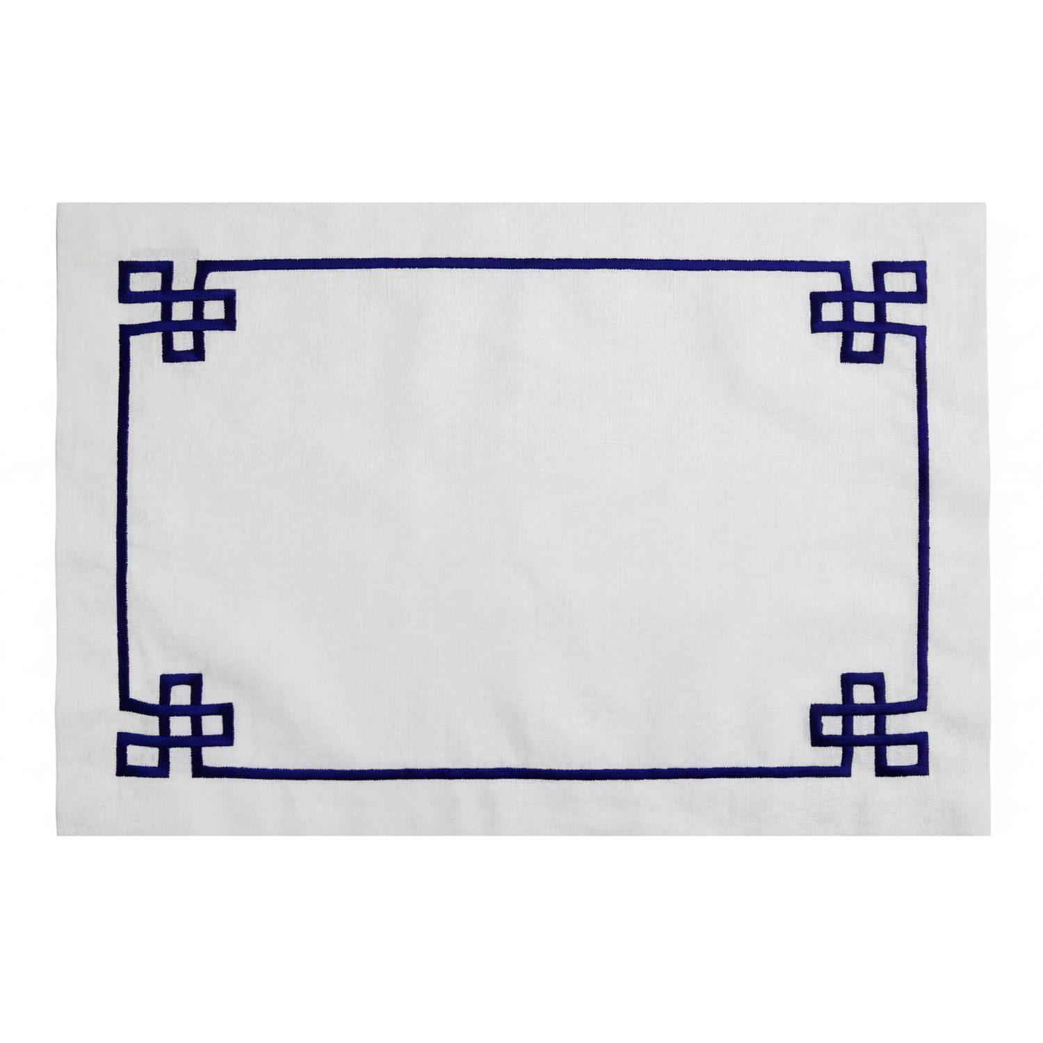 Blue Chinoiserie Pure Linen Placemat, featuring a navy-blue embroidered border with knot motifs, adds elegance to special table settings. Two placemats included per pack.